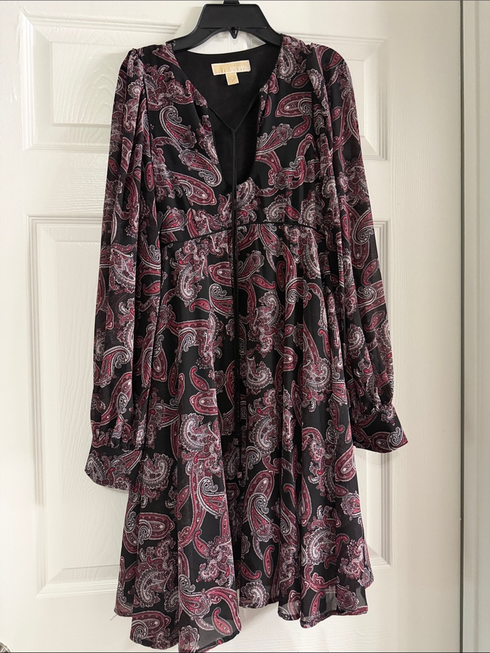 MICHAEL Michael Kors Black Dress with Burgundy Paisley Print - Long Sleeve